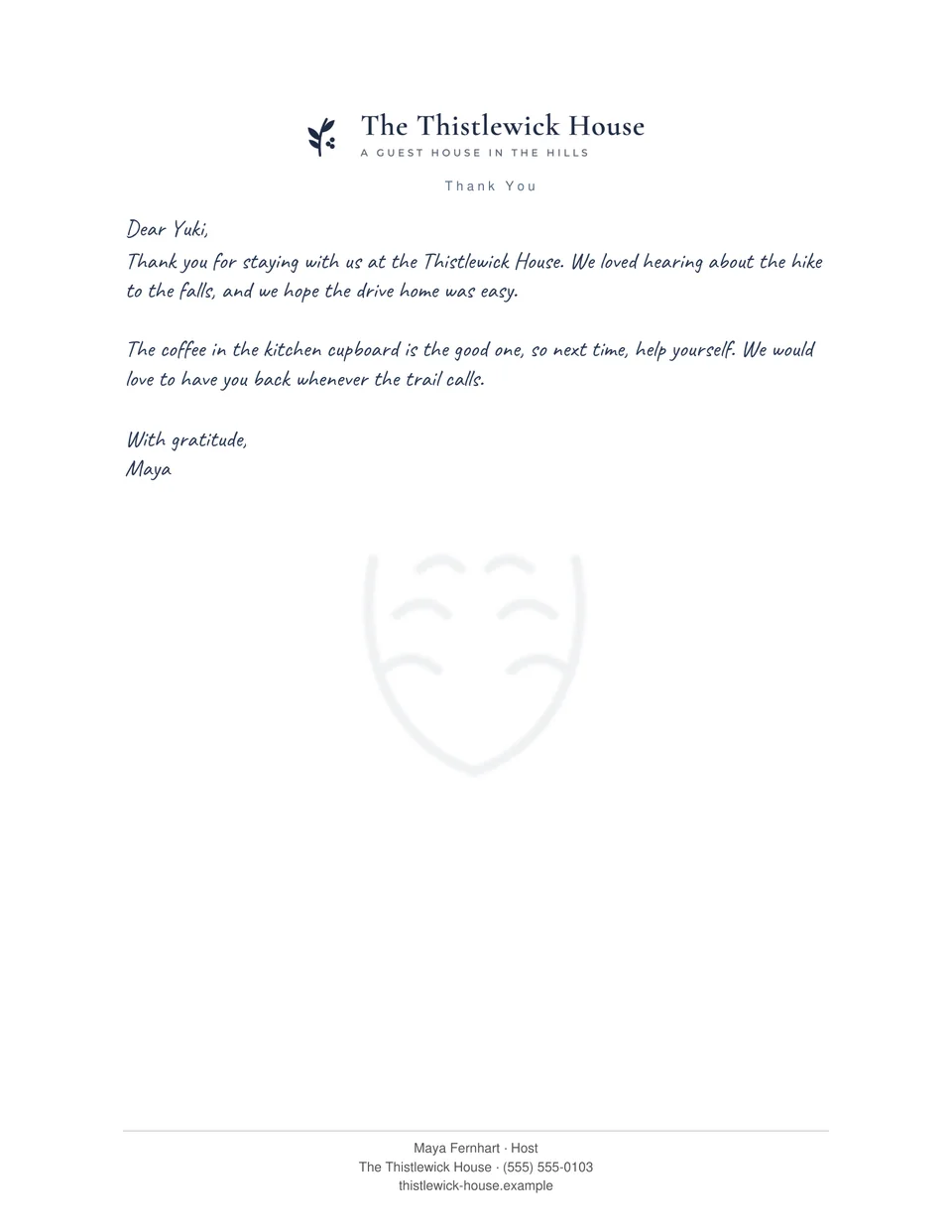 A real print render of a sample thank-you letter on The Thistlewick House letterhead: the logo at the top, a short letter to Yuki in the Quick handwriting style, and three contact lines at the foot of the page.